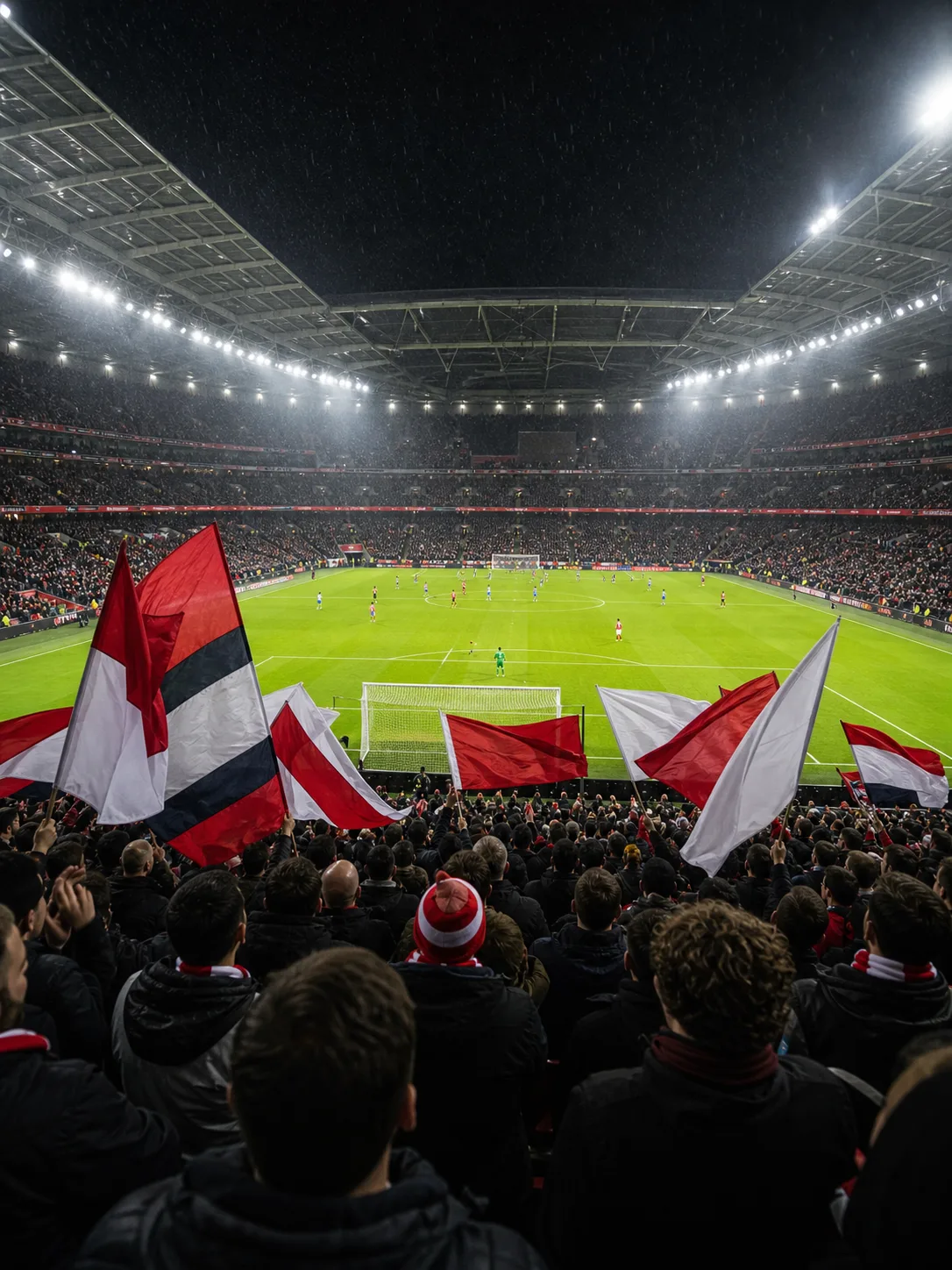Fullsatt arena med läktare och match i Premier League